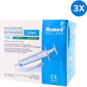 3x Romed 5ml injectiespuiten met naald 100 stuks Romed - Doorzichtig/wit - Polypropyleen & Latex-vrij rubber - Tweedelige 5ml wegwerpspuit met canule, steriel per stuk verpakt. - 5 ml