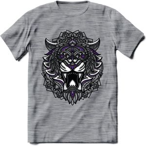 Tijger - Dieren Mandala T-Shirt | Paars | Grappig Verjaardag Zentangle Dierenkop Cadeau Shirt | Dames - Heren - Unisex | Wildlife Tshirt Kleding Kado | - Donker Grijs - Gemaleerd - S