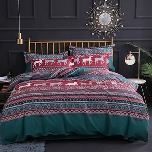 Beddengoed, Kerstmis, 135 x 200 cm, donkergroen, rood, rendieren, sneeuwvlokken, dekbedovertrek met ritssluiting, 2-delig, superzacht, microvezel, kerstbeddengoedset en kussensloop 80 x 80 cm