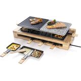 Bestron Gourmetstel, XL Raclette Grill set voor 8 personen, met natuurlijke grillsteen & antiaanbak grillplaat, incl. grote pannen set, 1500 Watt, kleur: zwart/ hout