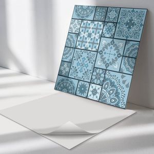 Wallfluent Vinyl Wandpaneel - Patronen in geometrische mozaïek Wandpaneel PVC - 50 cm x 50 cm - Blauw Vinyl Wandpaneel - Set van 4 - Vierkant Wandbekleding Vinyl - Patroon Wandpaneel - Zelfklevend Wandpaneel - Wandpaneel Keuken en Badkamer