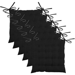 Stof Textile stoelkussen BEA - 6x - zwart - 40 x 40 x 4 cm - touwtjes sluiting - binnen/buiten - zitkussens plat