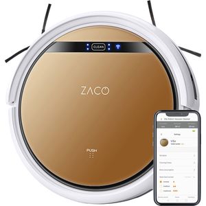 ZACO V5x - stofzuigrobot met veegfunctie - bediening met App, Alexa, Google Home veegrobot - 8.1cm plat - automatische stofzuigrobot - voor harde vloeren - valbeveiliging - met Wifi - 60db - Goud