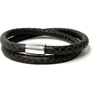 Jolla - dames wikkelarmband - staal - leer - magneetsluiting - slangenprint - Basic Steel - Donker Bruin