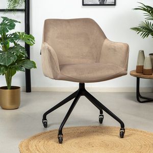 Bronx71® Velvet eetkamerstoel met wieltjes Quinn taupe - Eetkamerstoelen met armleuning - Eetkamerstoelen met wieltjes - Kuipstoel - Eetkamerstoel taupe - Eetkamerstoel met armleuning