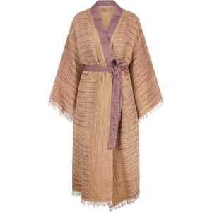 ZusenZomer Boho Kimono Badjas - Hamam badjas - Sauna badjas - dames ochtendjas - Licht en soepel katoen - lang model - mosterd geel bordeaux