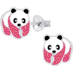 Joy|S - Zilveren Panda oorbellen - glitter roze