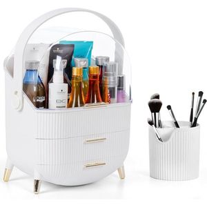 Witte Make-up Opslag Organizer met Kwasten Pot - 3-Laags Plastic Lade Doos met Roterend Handvat, Doorzichtig Deksel - Waterdicht, Stofdicht Cosmetisch & Skincare Display Kast voor Reizen
