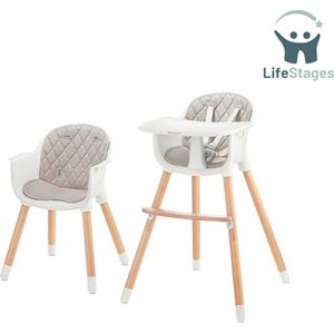 LifeStages - Kinder Eetstoel - 2-in-1 Kinderstoel - Houten Poten - Verwijderbaar Dienblad - Antislip Stoelpootkappen - van 6 Maanden tot 4 Jaar - Grijs