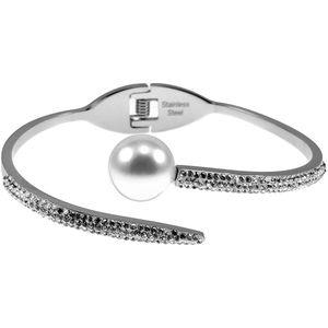 Bangle Dames - Roestvrij Staal - Open Armband met Parel en Zirkonias