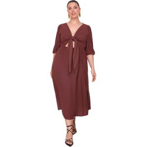Trendyol Bruine A-Lijn Zomer Midi Geweven Plus Size Jurk Tbbss24Ah00052
