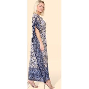 Lange dames kaftan jurk Lidy paisleymotief konings blauw donkerblauw navy wit beige zwart strandjurk Maat M/L