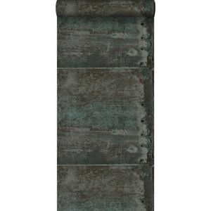 Origin Wallcoverings behang grote verweerde roestige metalen platen met klinknagels bruin en licht petrol blauw - 337226 - 53 cm x 10,05 m