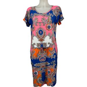 Angelle Milan – Travelkleding voor dames –Blauw/Roze/Oranje Strik Jurk – Ademend – Kreukherstellend – Duurzame jurk - In 4 maten - Maat L