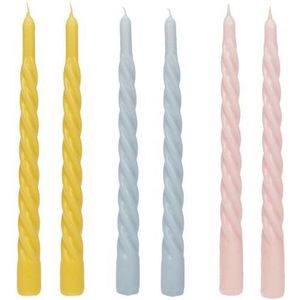 Cactula Swirl Kaarsen | Set van 6 in 3 verschillende kleuren | 2,3 x 29 cm | Trend 2021 | Lange Dinerkaarsen | Pastel / Yellow / Blue / Pink