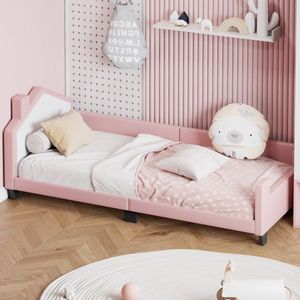 Sweiko Gestoffeerd bed 90*200, kinderbed PU lederen kinderslaapbank met hoofd en voetdeel rugleuning, jongens en meisjes huisbed, Roze