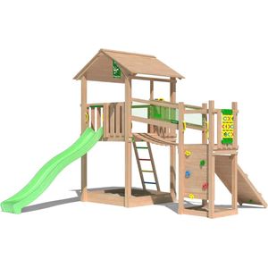 Jungle Gym speeltoestel van douglas hout - Jungle Fortress met groene glijbaan - Tuin speeltoestel voor buiten met zandbak, loopbrug en klimwand