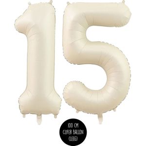 Cijfer Helium Folie ballon XL - 15 jaar cijfer - Creme - Satijn - Nude - 100 cm - leeftijd 15 jaar feestartikelen verjaardag