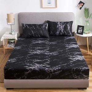 FURNIBELLA - Marmer Hoeslaken 160 x 200 cm – Zwart Wit Patroon – Zachte Microvezel – Geschikt voor Matrassen tot 30 cm – Luxe Boxspring Laken