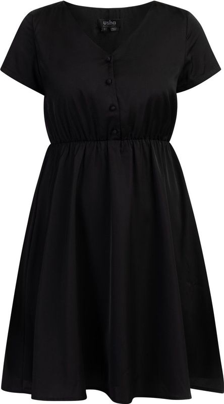 usha - BLACK LABEL - Jurk - Zwart - Knoopsluiting - V-hals - Gedrapeerd - Kort/mini