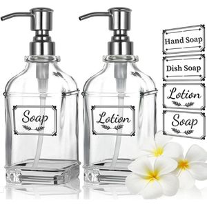 Veelzijdige glazen zeepdispenserfles met pomp 2-pack, 12 oz druppelvrije roestvrijstalen pompfles, hervulbare handdispenser voor vloeistof voor badkamer, aanrecht, keuken met 8 waterdichte labels