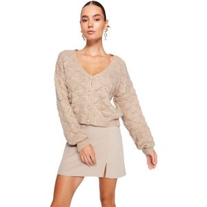 Trendyol Ecru Opengewerkt/Geperforeerd Gebreide Vest Met V-Hals Twoaw24Hi00311