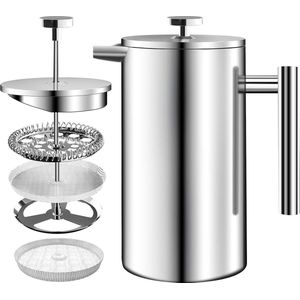 Roestvrij staal FRENCH PRESS/Franse Pers Koffiezetapparaat 34oz (1.0 Liter) met 3 Niveau Filtersysteem - Dubbelwandige Geïsoleerde Cafetière met 1 Extra Filter (Zilver)