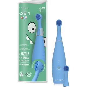 FOREO issa 4 baby – Silicium sonische tandenborstelset voor baby's, met dubbelzijdige haren, glimlachfunctie, tandvleesmassage, 12 maanden zorg met extra kop, 240 dagen batterij, reisdicht - Bubble Blue