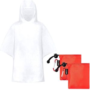 Kinder regenponcho - 2x - pvc - in rood zakje - vanaf 4 jaar - noodponcho met capuchon - one size - transparant