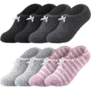 4 paar pluizige pantoffelsokken - Dames winter antislip zachte warme sokken - Met antislip textuur - Geschikt voor binnenshuis - Maat 37-40 (Zwart + Donkergrijs + Lichtgrijs + Roze paars)