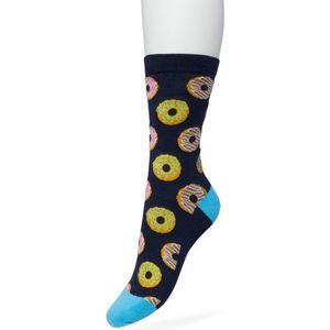 Bonnie Doon Dames Sokken met Donuts Print maat 36/42 Donker Blauw - Thema Sokken - Donut - Cadeau Sokken - Word je Happy en vrolijk van - Zacht Katoen met Gladde Teennaad - Comfortabel - Perfect Cadeau - Black Iris - BT991122.134