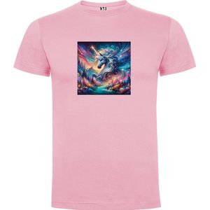 Roze T-Shirt met “Kleurrijke Eenhoorn – Sprookjesachtig – Fantasie - Roze en Blauw “ Print Full Color Maat S
