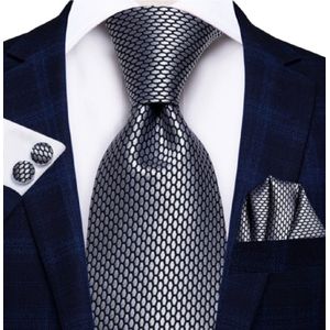Zijde stropdasset- Zilvergraad- Manchetknopen- pochet-7cm -Luxe- Charme Bijoux