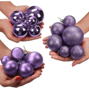 Kerstballen lila met ster (50 stuks) – glanzende dennenbal in verschillende maten met 1 ster – kerstboomdecoratie voor kerstfeest, decoratie binnen en buiten
