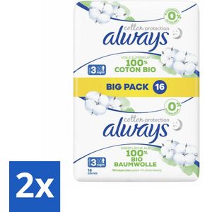 2 x Always - Maandverband - Night - Cotton Protection - Met Vleugels - Maat 3 - 16 Maandverband - Always - Maandverband - Nachtbescherming - Biologisch Katoen - Vleugels