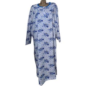 Dames flanel nachthemd lang model met bloemenprint XXXL (46) BLAUW