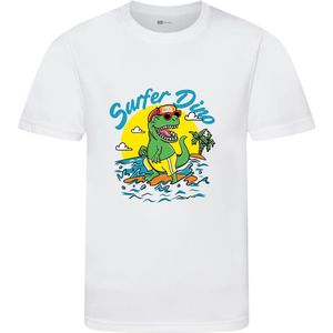 Surfer Dino T-shirt - T-shirt kinderen - Maat 122/128 - 7-8 jaar - T-shirt wit korte mouw