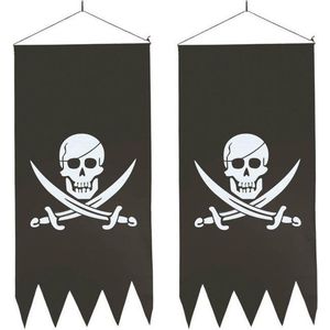 2x Zwarte piraten vlag met doodskop 86 cm - Piraten vlaggen - Piraat thema versiering horror/Halloween/Carnaval