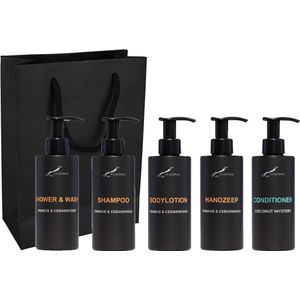 Compleet pakket Sweet Orange & Cedarwood - Shower & Wash + Shampoo + Bodylotion + Handzeep + Coconut conditioner - 300 ml per fles - complete set van 5 stuks - met luxe gift tas - cadeau - giftset voor hem en haar