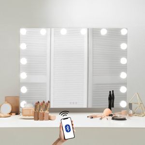 Verlichte Hollywood Spiegel 16 LED Vanity Make-up Tafel Wand Touchscreen Dimbaar 3 Kleuren Modus Bluetooth Speaker 2 Oplaadpoorten USB-A & USB-C Microvezel Reinigingsdoek 10x Vergrootspiegel