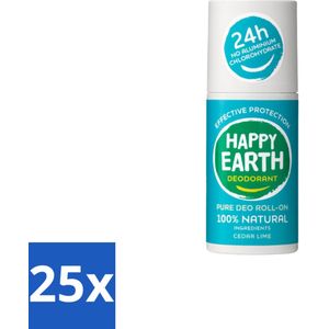 Happy Earth – Deodorant Roll-On – 100% Natuurlijk Cedar Lime – 75 ml - Bulkverpakking - 25 stuks