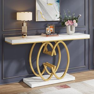 TRIBESIGNS - Modern Console Tafel - Dressoirtafel Met Geometrische Metalen Poten - Bijzettafel - Nep-Marmer/Metaal - Wit/Goud -140 x 35 x 80 cm