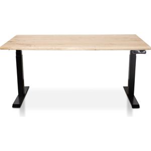 Zit-sta bureau met massief eiken boomstam blad 140 x 80 cm - MRC PRO NEN-EN 527 - elektrisch verstelbaar - frame zwart - 130 cm hoog - 150KG draagvermogen