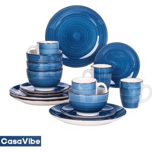 CasaVibe Luxe Serviesset – 16 delig �– 4 persoons – Porselein - Bordenset – Dinner platen – Dessertborden - Kommen - Mokken - Set - Blauw - Wit