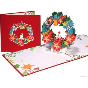 Popcards popupkaarten - Kerstkaart Kerstkrans met Kerstroos Kerstklok en Kaars versiering feestdagenkaarten pop-up wenskaart