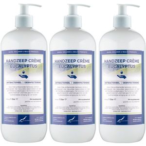 Handzeep Crème Eucalyptus 1 liter - set van 3 stuks - met gratis pomp - Voordeelverpakking