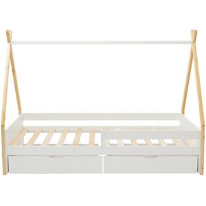 Vente-unique Tipi-bed 90 x 190 cm met lades - Grenen en mdf - Kleur: wit en naturel - LUANCO L 199.5 cm x H 144 cm x D 97 cm