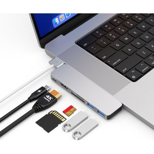 M-TECK MacBook Air/Pro USB-C - Dock - HUB - Splitter - 1 x HDMI 4K60Hz - 1 x Thunderbolt - 2 x USB3.0 - SD/MicroSD kaartlezer - M1/M2/M3/M4- Kleur: Zilver