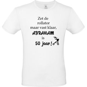 T-shirt met opdruk “Zet de rollator maar vast klaar, Abraham is 50 jaar”, Wit T-shirt met zwarte  opdruk