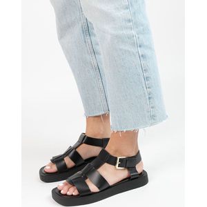 Sacha - Dames - Zwarte leren sandalen met gesp - Maat 38